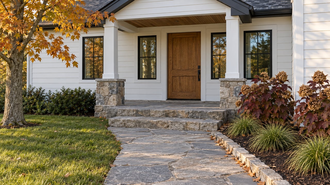 Autumn daylight on a white-sided home's stone porch, oak front door, and leaf-edged stone approach.
