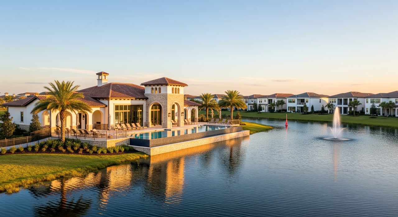 Mediterranean-style lakeside clubhouse with palm trees, a pool, and a fountain across the water.