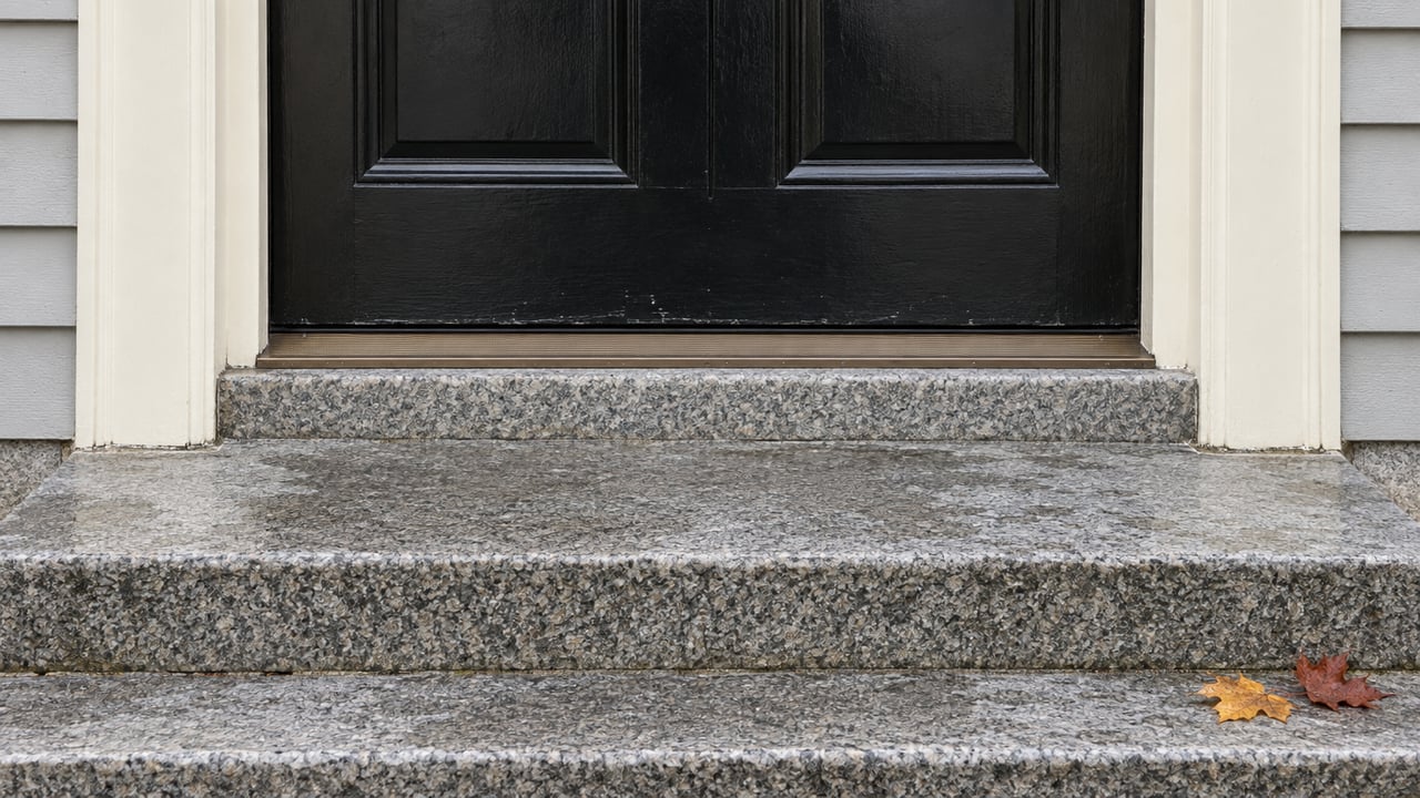 Lower panels of a near-black residential door above worn granite steps, with ivory trim and two autumn maple leaves.