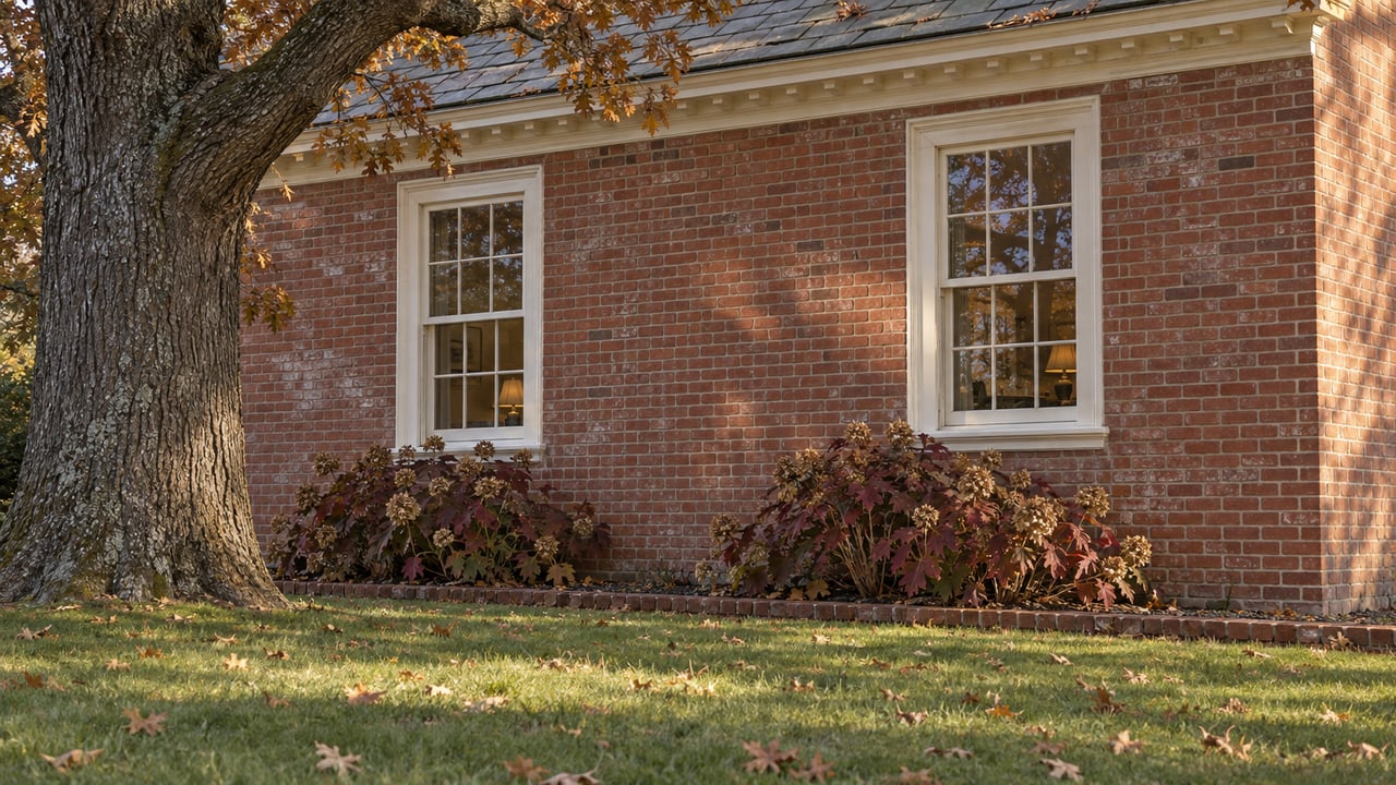 Brick colonial house with two cream-framed windows, a mature oak, and autumn hydrangeas beside the lawn.