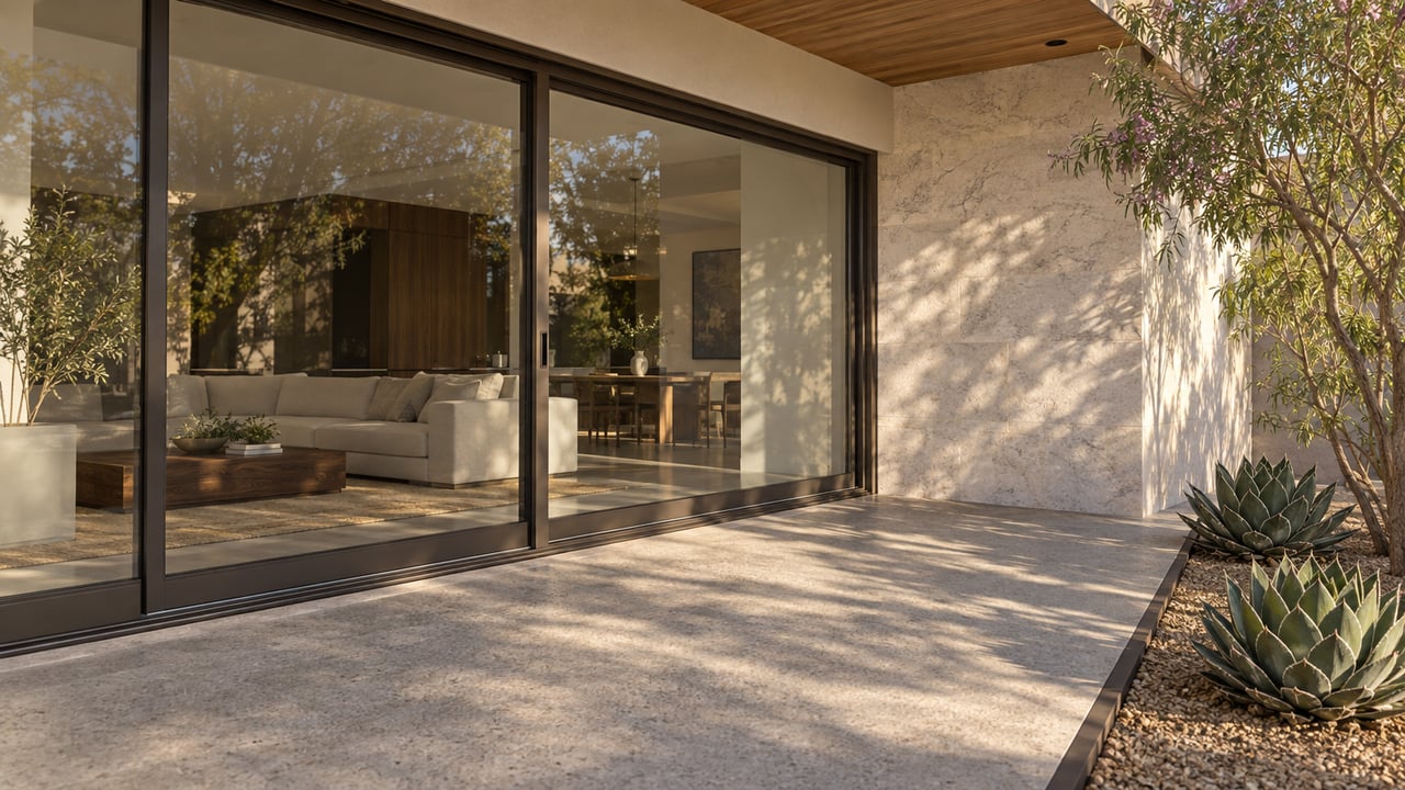 Covered terrace with broad sliding glass doors, a wood soffit, agave rosettes, and a desert willow tree.