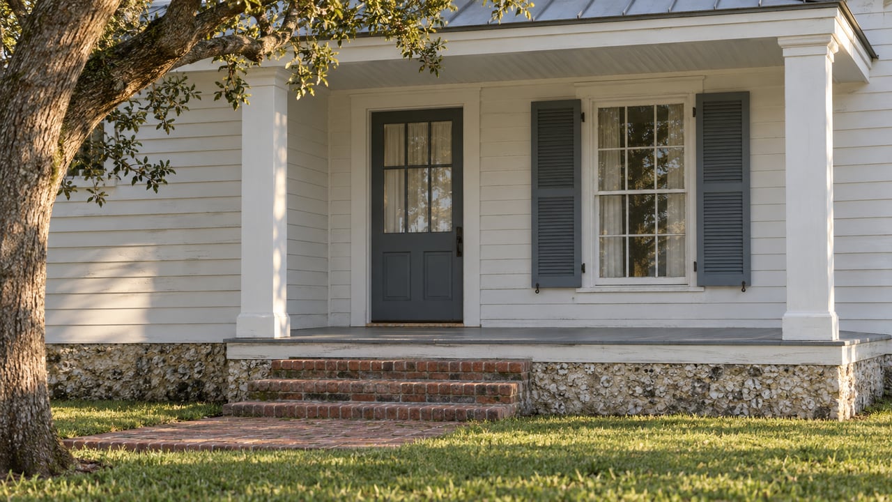 Sunlit white clapboard porch with blue-grey shutters, weathered brick steps, an oyster-shell foundation and a mature live oak.
