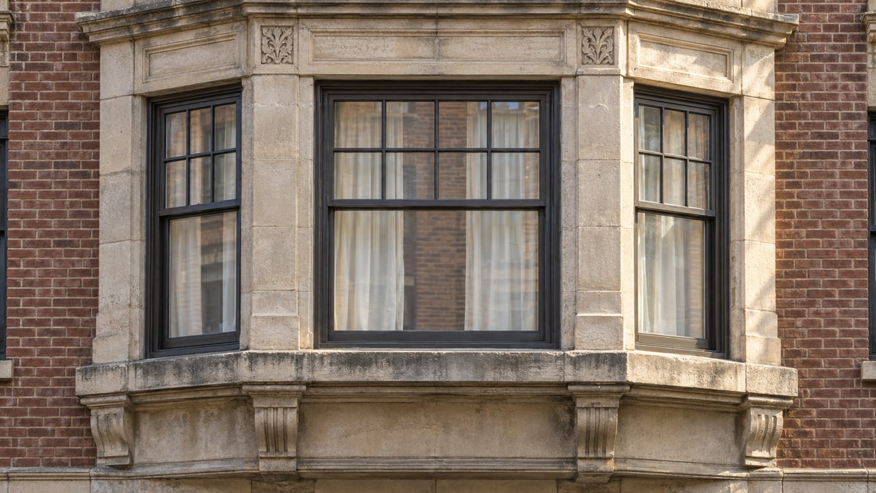 Sunlit limestone bay windows with dark bronze frames and ivory curtains in a red-brown brick apartment facade.