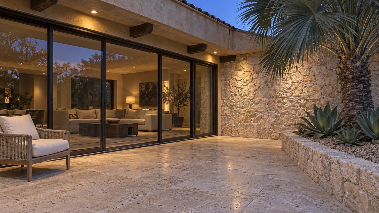 A stone and stucco home's covered travertine terrace at blue hour, with warm light behind glass doors, a white outdoor chair and sculptural planting.