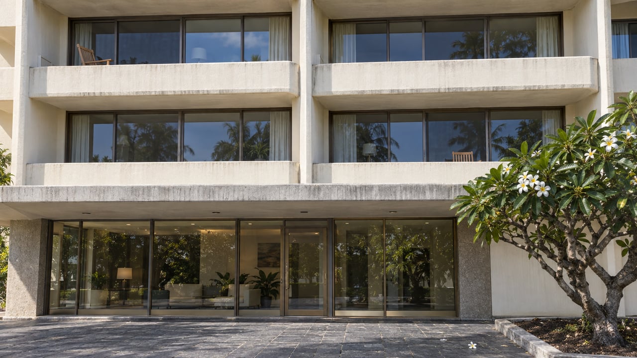 Sunlit older concrete condominium with six recessed balconies, bronze-framed glazing, a basalt entry walk and one white-flowering plumeria tree.