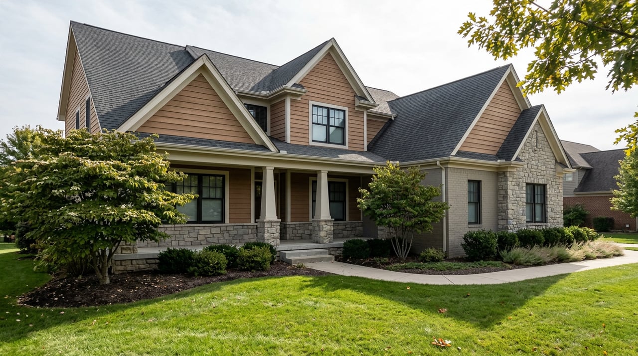 Two-story Craftsman home with three gables, columned porch, stonework, and curved walkway through lawn.