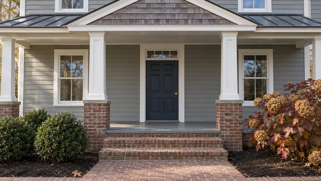 Late-fall light on a gray clapboard home's white-columned porch, navy front door and brick steps beside oakleaf hydrangea.