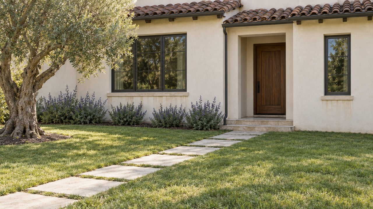 Ivory stucco house with terracotta roof, recessed walnut-toned door, stone path, lawn, and mature olive tree.