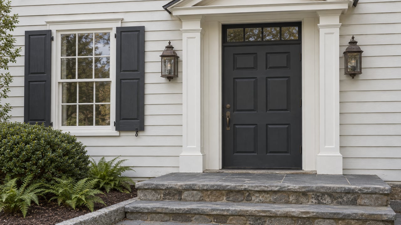 Close view of a white clapboard home's charcoal entry door, paired lanterns, shuttered window and weathered bluestone steps.