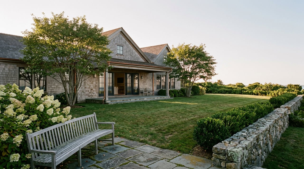 Coastal shingle-style home with open glass doors, a deep lawn, and a fieldstone wall along the back.