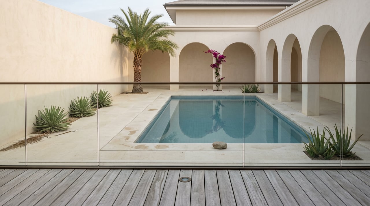Sunken courtyard with a still reflecting pool, plaster archways, a palm, and magenta bougainvillea.