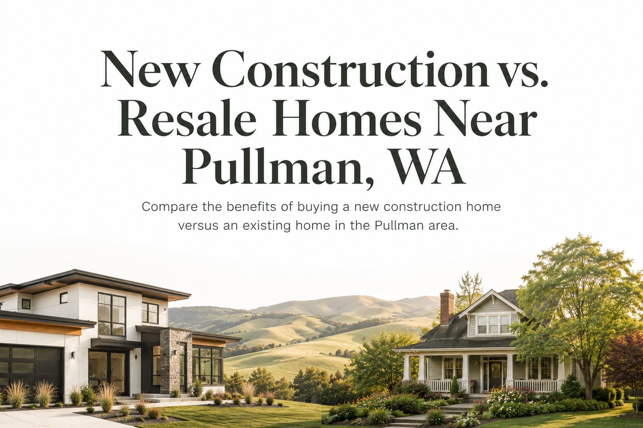 Modern real estate graphic comparing new construction and resale homes for buyers searching in Pullman, Washington.