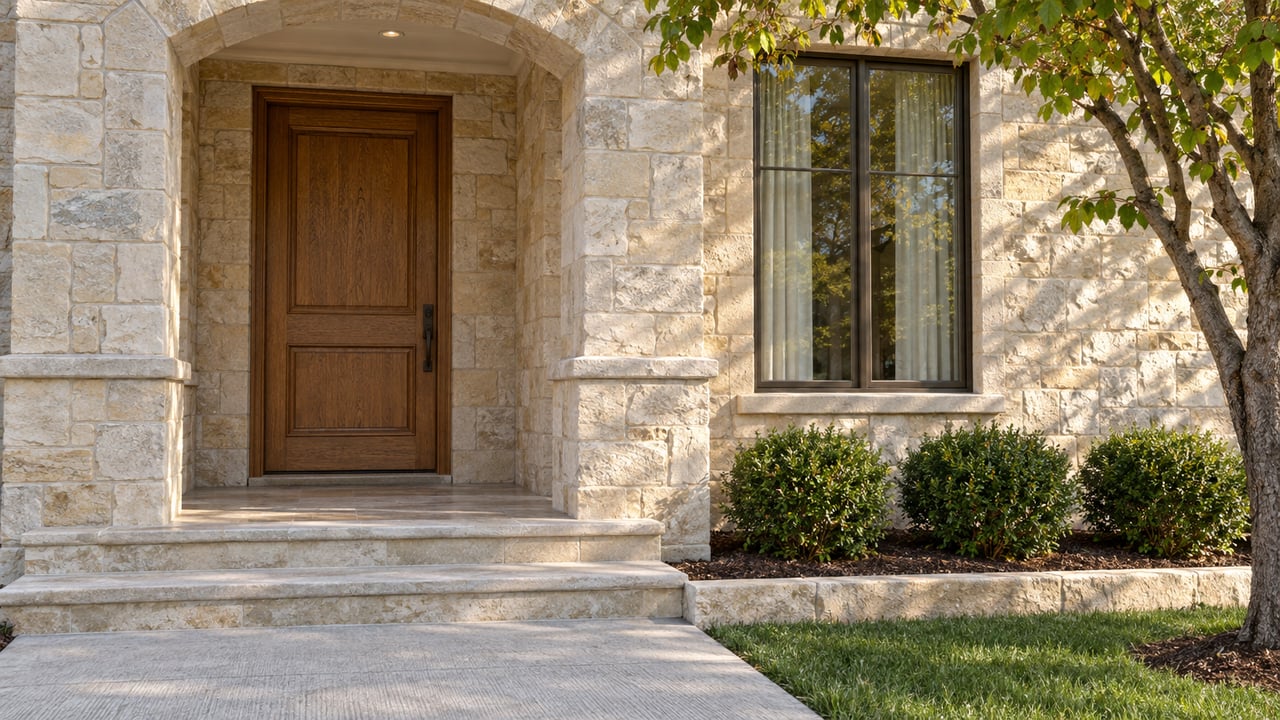 Stone home entrance with a recessed wooden door, broad steps, and a leafy tree.