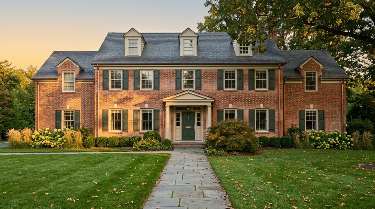 Brick Colonial home with a green front door, symmetrical windows, a Japanese maple, and clipped foundation hedges.
