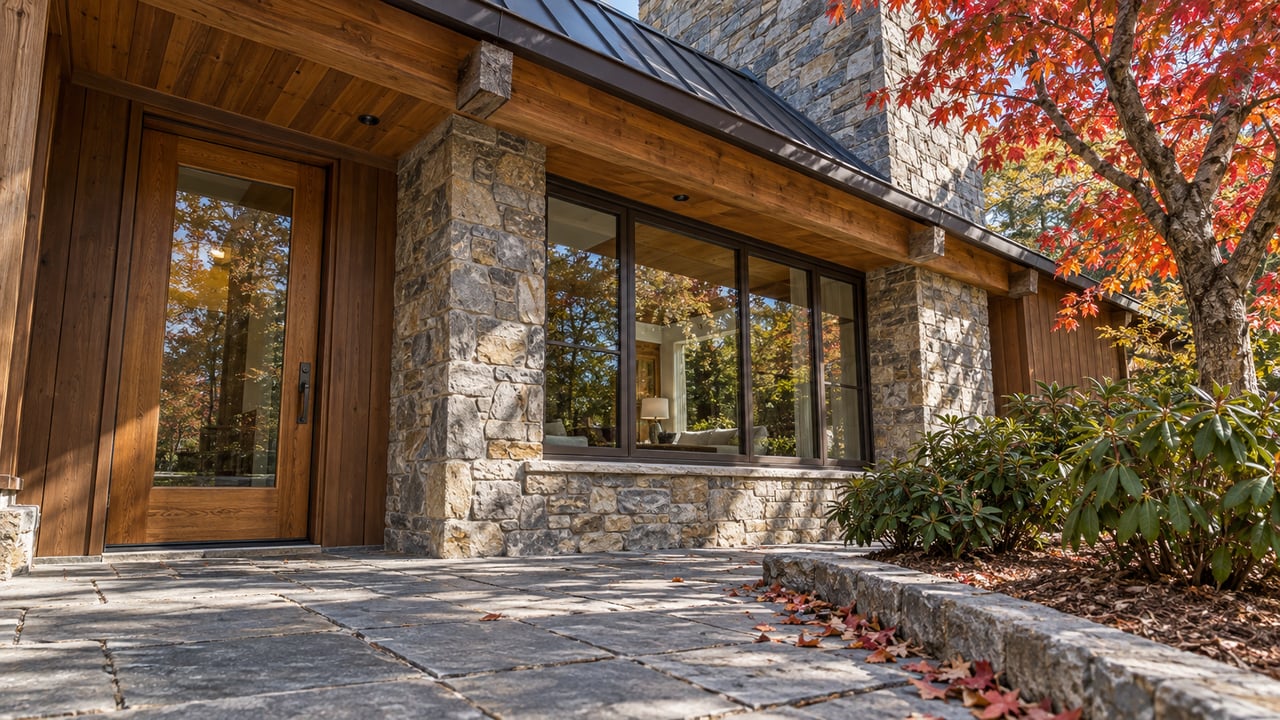 Autumn light on a timber-and-stone home's covered entry, bronze-framed windows, and flagstone terrace beside a red maple.