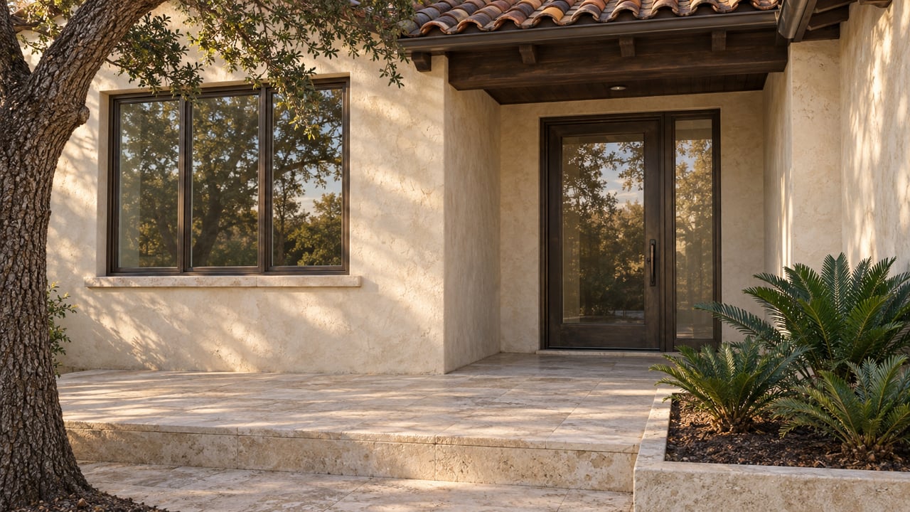 Ivory stucco home entrance with a bronze-framed glass door, terracotta eave and worn limestone landing beside a live oak and three coontie plants.