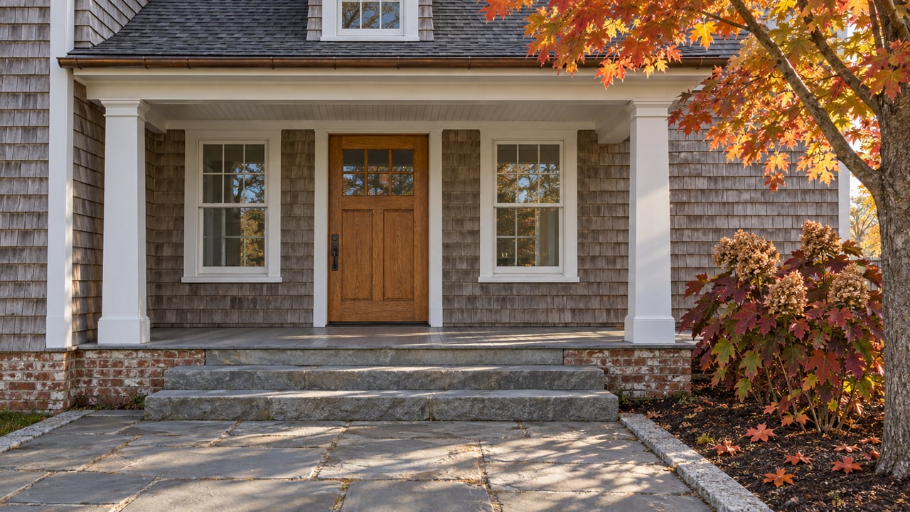 Morning light on a cedar-shingled home's covered porch, bluestone steps, and autumn maple and oakleaf hydrangeas.