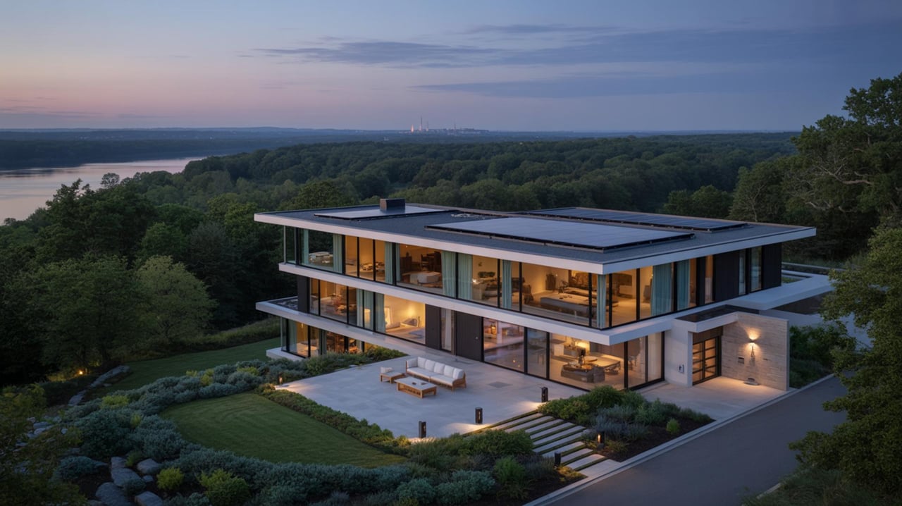 Modern two-story glass house with flat roof, landscaped terrace, and forested river at dusk.