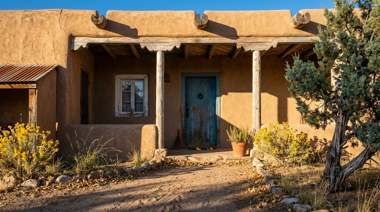 Ochre adobe home with worn blue door, shaded timber portal, and yellow autumn shrubs.