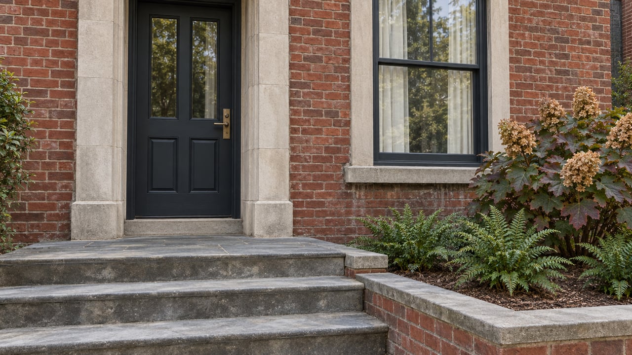 Red brick home entrance with a dark timber door, worn bluestone steps, limestone trim, and an autumn oakleaf hydrangea in a stone-edged garden.