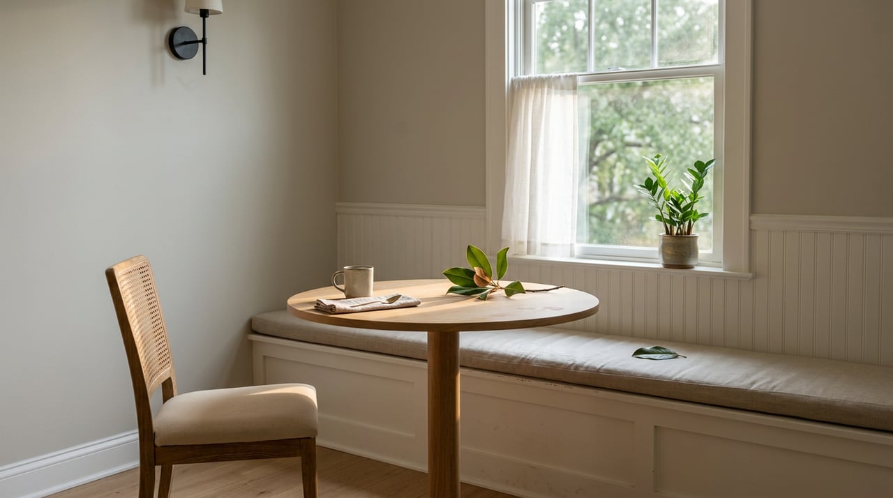 Breakfast nook with a round oak table, caned chair, sheer-curtained window, and magnolia leaf on the bench.