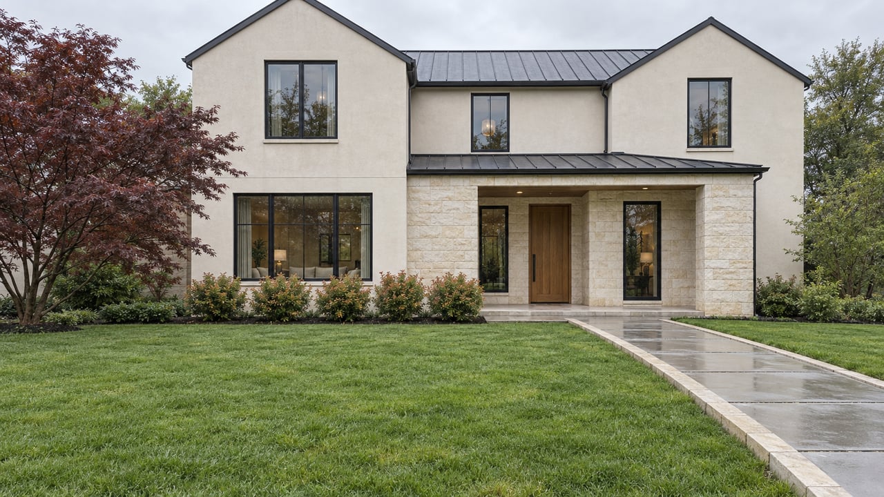 Contemporary two-story home with pale stucco, cream limestone, dark metal roofs and a damp front walk across a broad lawn beneath overcast sky.