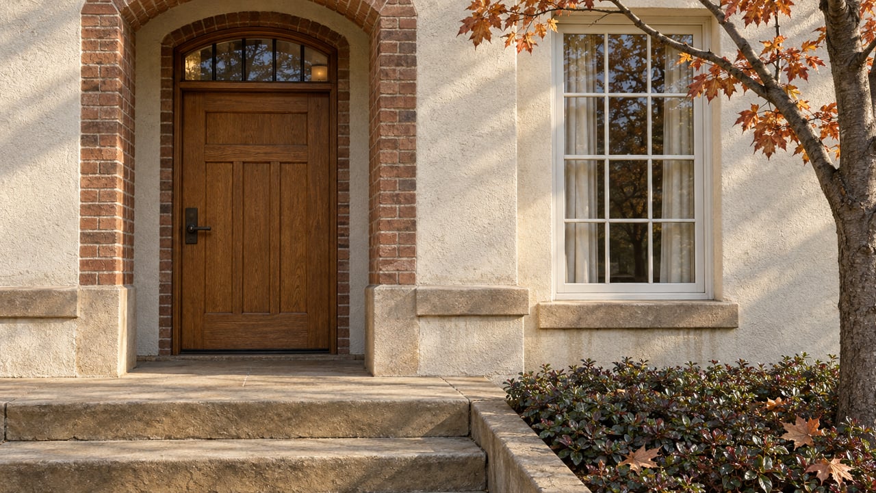 Autumn light on a cream stucco home’s brick-arched oak entrance, sandstone steps and divided-light window.