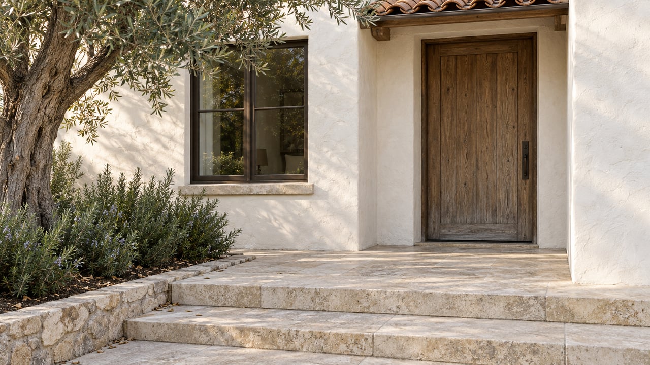 Oak front door and bronze-framed window in white stucco, beside an olive tree and limestone steps.