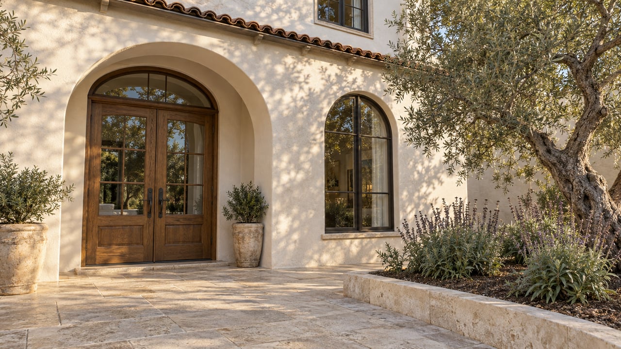 Sunlit ivory stucco home with an arched oak-and-glass entrance, terracotta eaves, limestone terrace and sculptural olive tree.