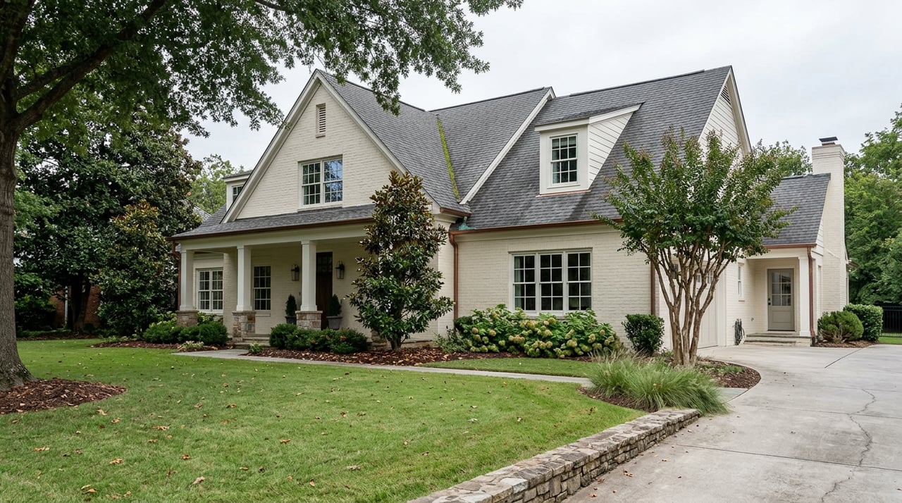 Ivory brick house with white columns and gabled roof beyond lawn shaded by mature oak.