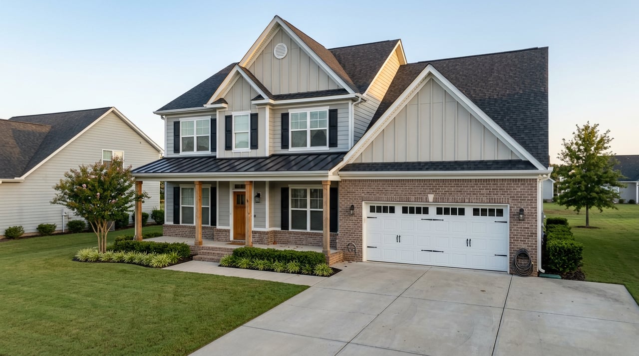 Two-story gray Craftsman home with layered gables, brick garage surround, broad driveway, and deep front lawn.