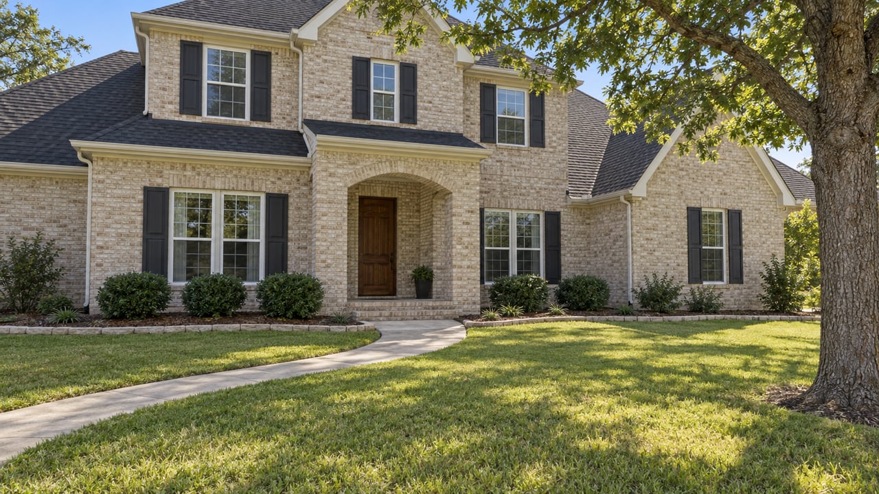 Cream-brick two-story home with dark gabled roofing, a curved concrete walk, broad lawn and mature oak beside the recessed front entry.