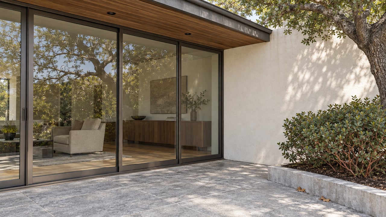 A modern home's walnut-lined eave shelters closed bronze-framed glass doors beside a limestone terrace and a raised manzanita planter.