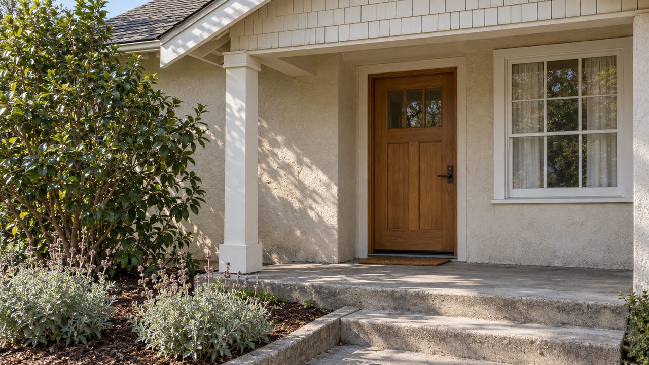 Sunlit stucco home entry with a wood door, divided-light window, concrete steps and established camellia and sage planting.
