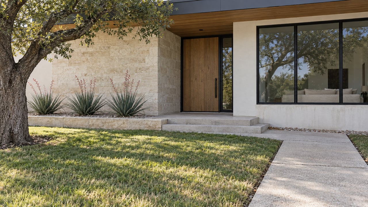 Contemporary limestone and stucco home with an oak entry door, deep front lawn and a spreading live oak.
