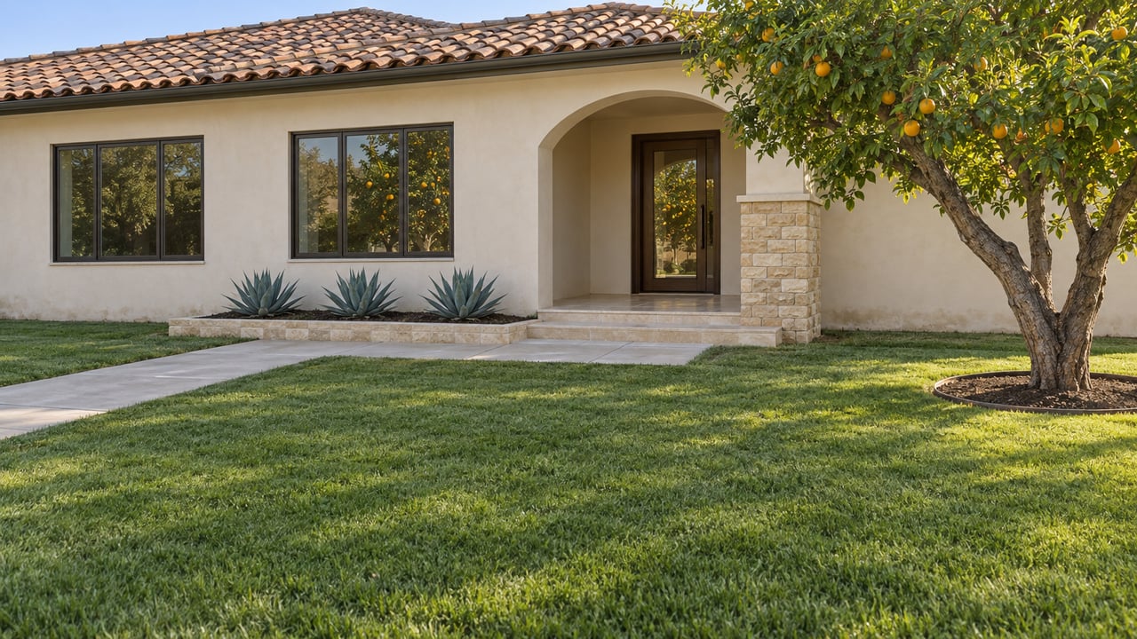 Cream stucco home with a low clay-tile roof, shaded arched entry, deep lawn and a mature citrus tree in morning light.