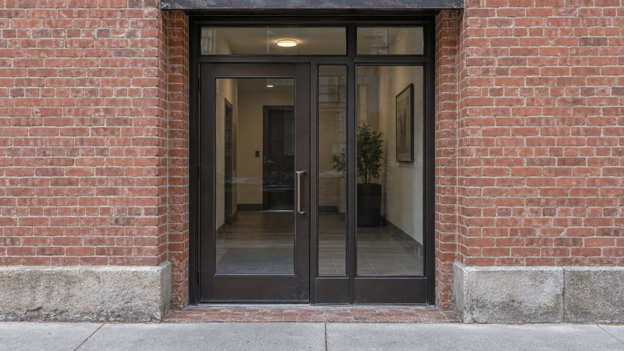 A dark bronze-framed glass entrance set into a red-brick wall, with a glazed sidelight and transom.