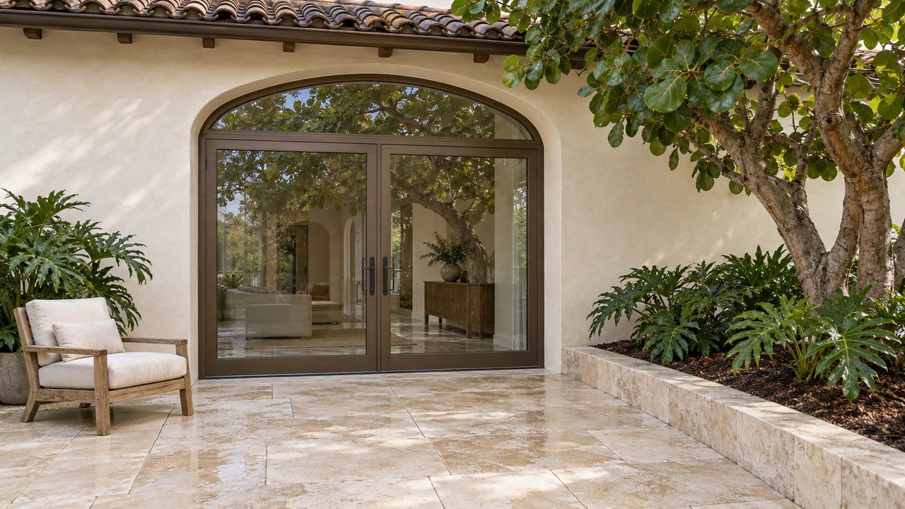 An ivory stucco home with arched bronze-framed glass doors, limestone terrace, teak chair, and a mature branching sea grape tree.