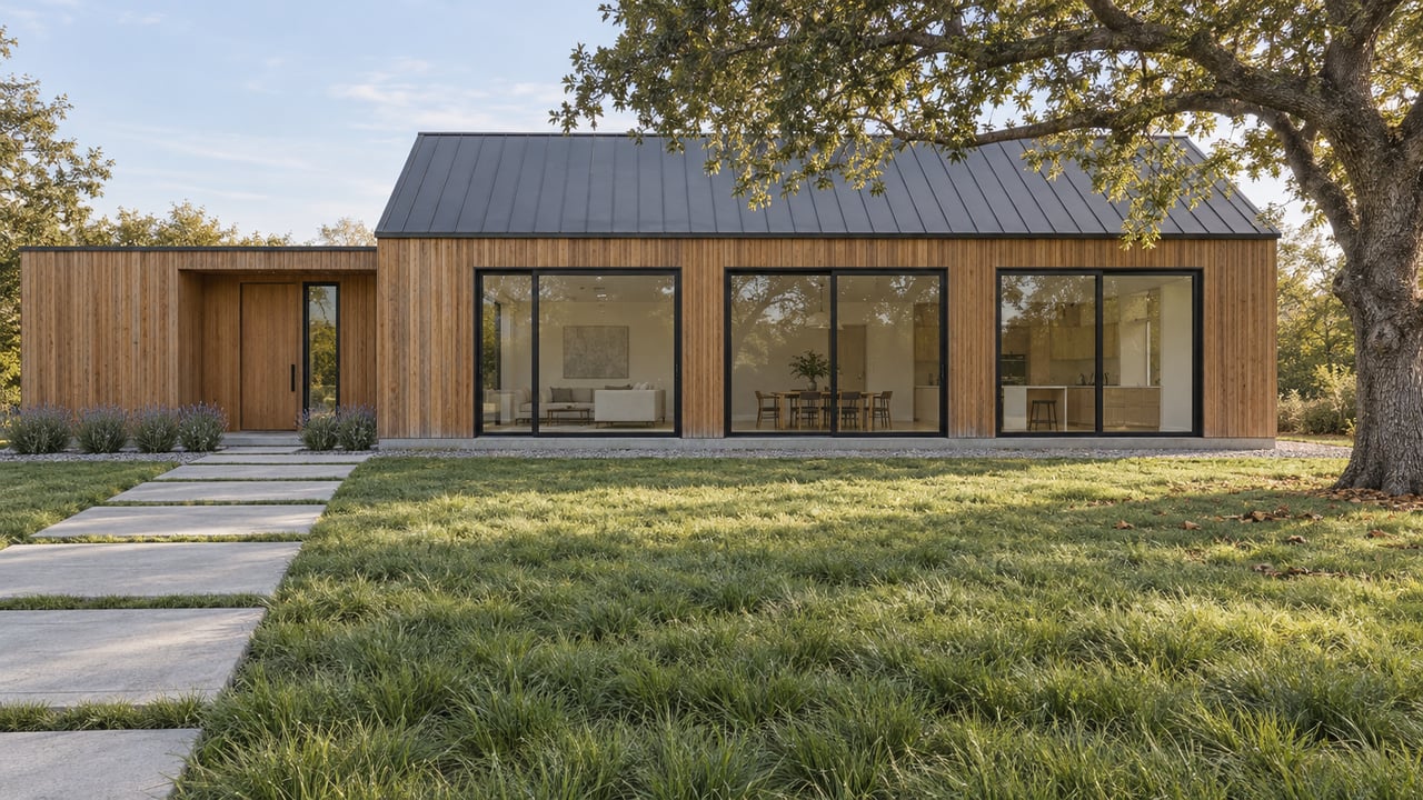 Low cedar-and-glass home beyond a broad lawn and concrete approach, with a mature spreading oak beside the facade.