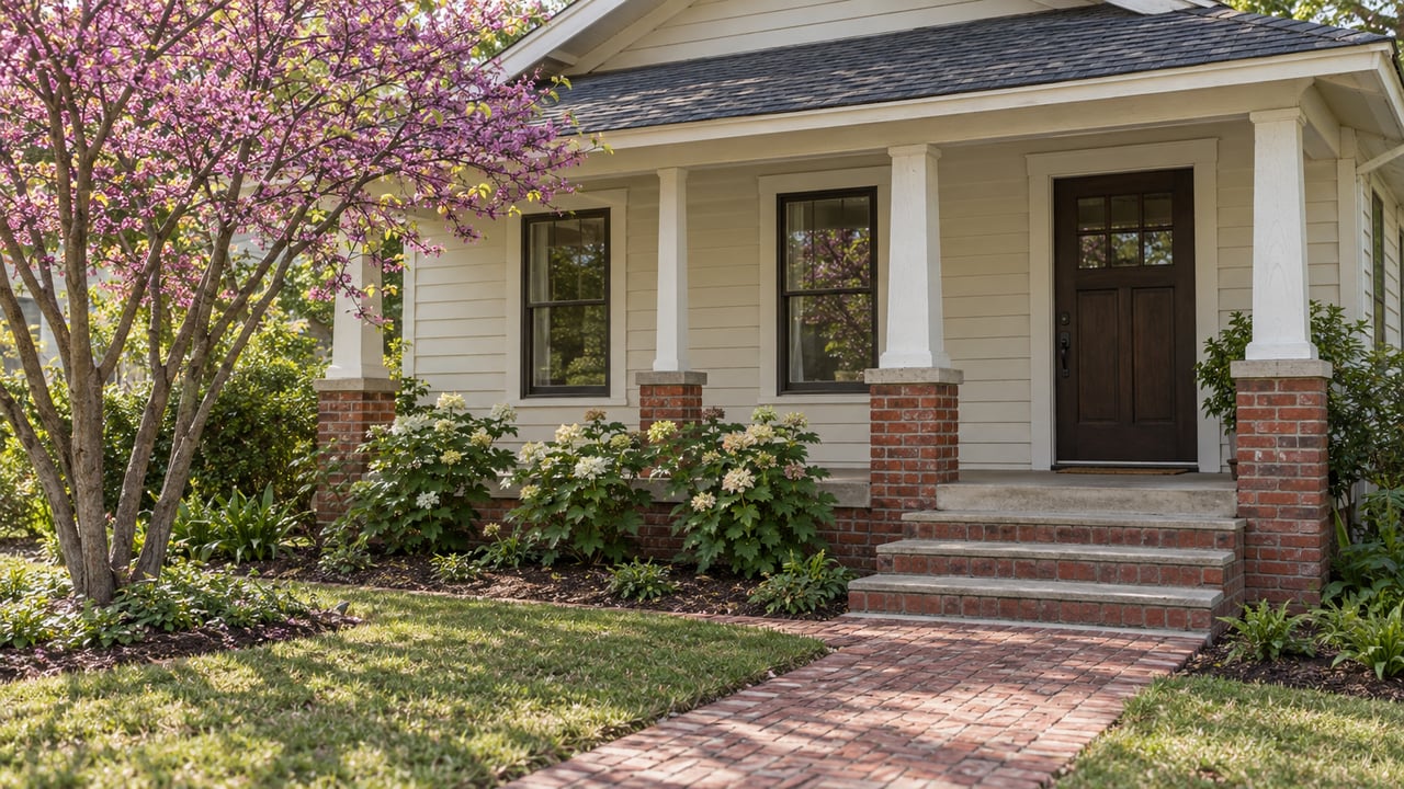 Cream-sided porch-front house with red brick steps, a brick walk, and a small redbud tree.