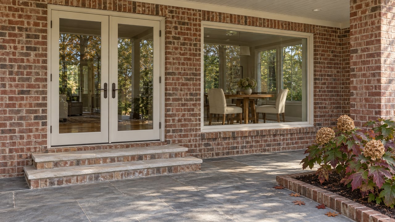 Morning light crosses a sandstone patio outside a brick home with glazed French doors and autumn oakleaf hydrangea.