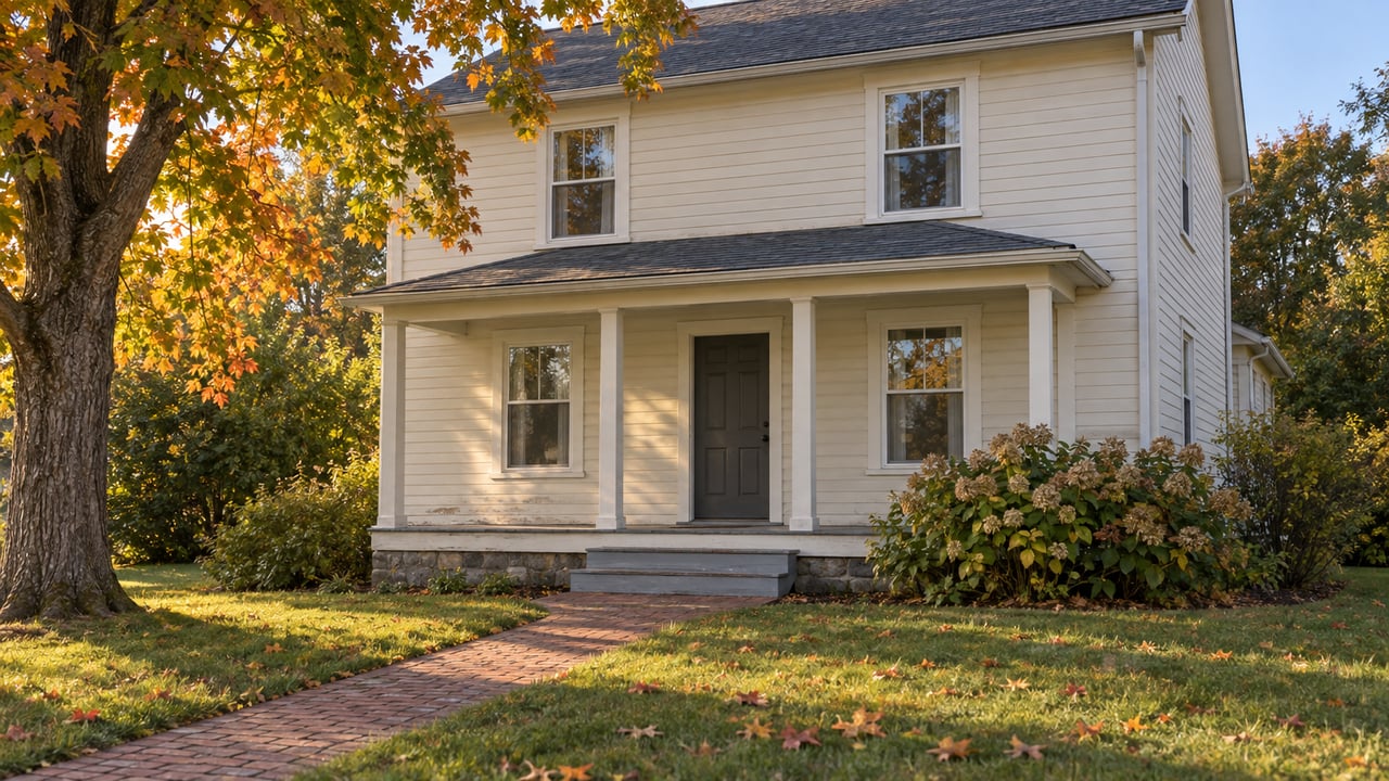 Cream two-story house with a covered porch and brick walkway beneath autumn trees.