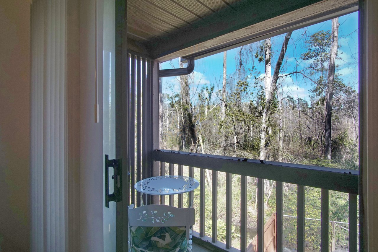 Screened balcony view showing a small white metal table and chair, overlooking a serene, sunlit forest with tall trees and a clear blue sky.