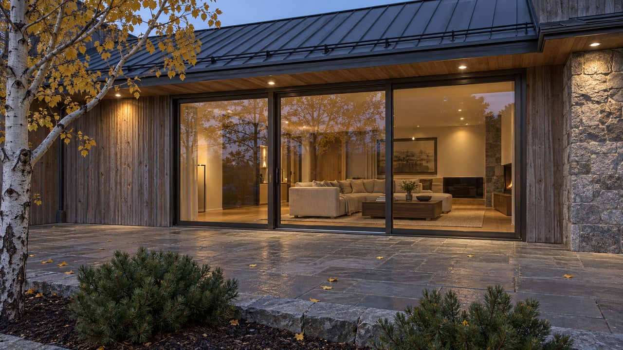 Cedar and stone home at dusk with a glazed living room, stone terrace and golden aspen foliage.
