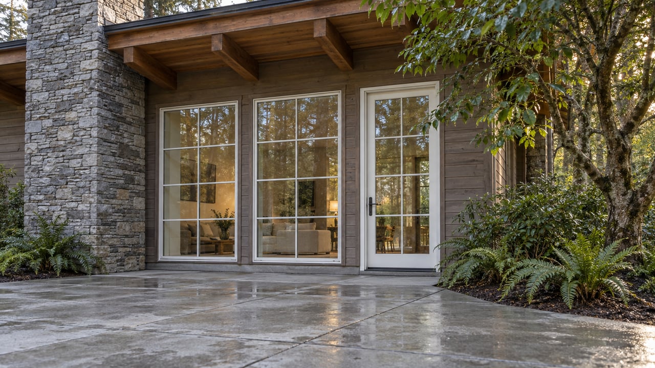 Garden-side home with tall white-framed glazing, weathered cedar, a gray stone chimney and a rain-darkened terrace beside evergreen planting.