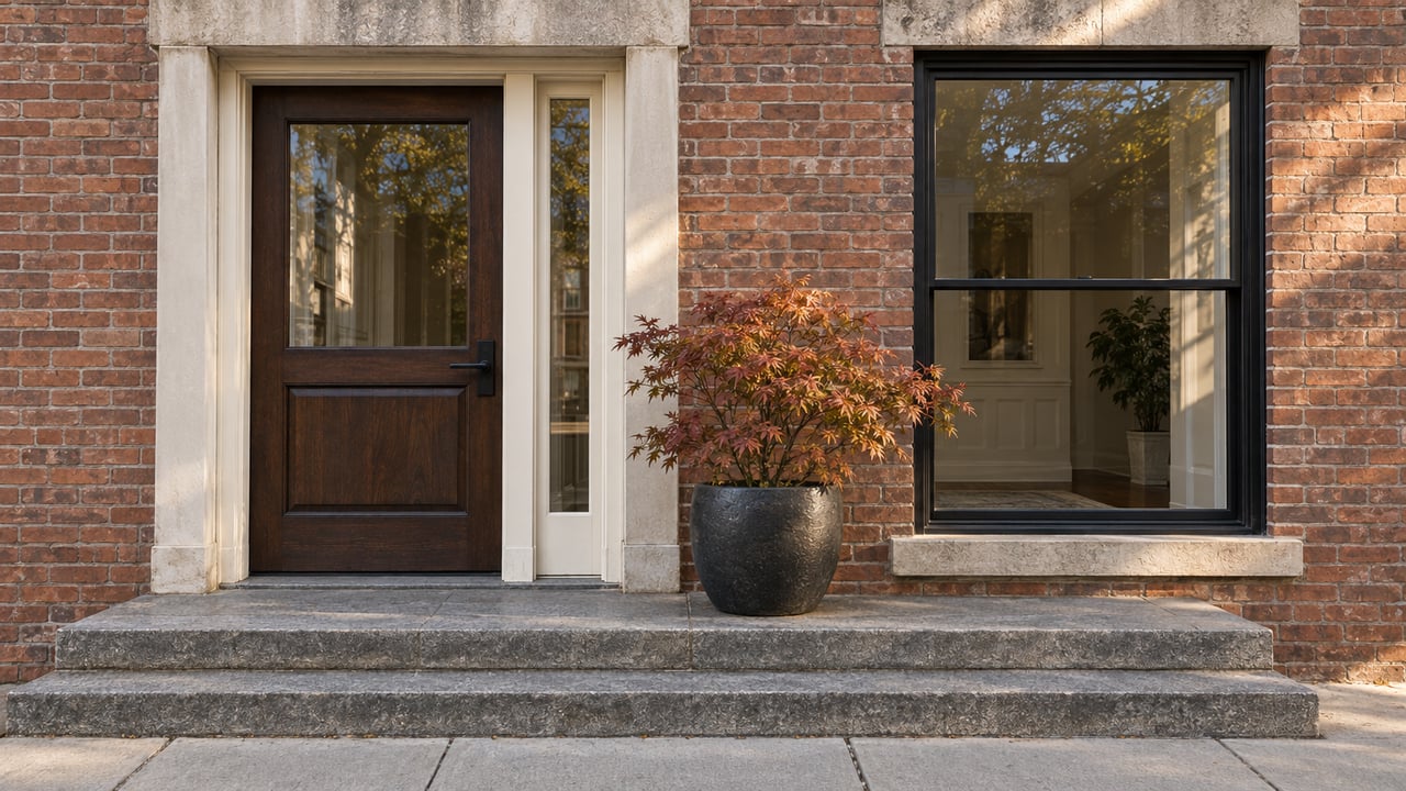 Brick building entrance with a dark wood door, broad stone steps, and a potted autumn shrub.