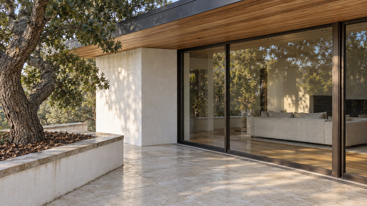 White plaster and cedar overhang frame a glazed living room beside a limestone terrace and a mature coast live oak.
