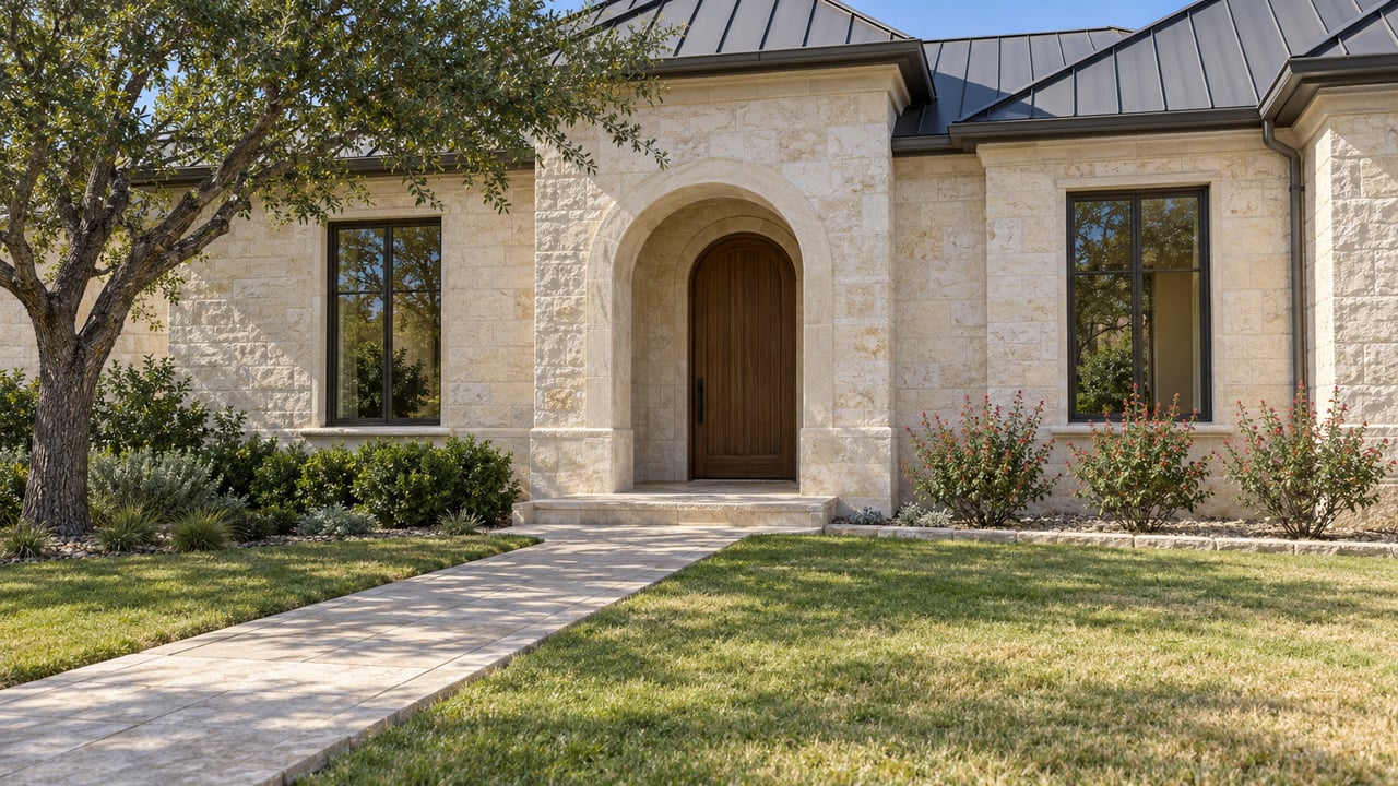Limestone home with an arched oak entry, bronze-framed windows, and a stone approach through a dry-toned lawn beside a mature live oak.