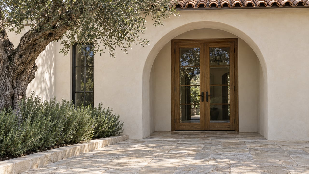 Cream stucco residence with an arched oak-and-glass entry, limestone court, and olive tree.