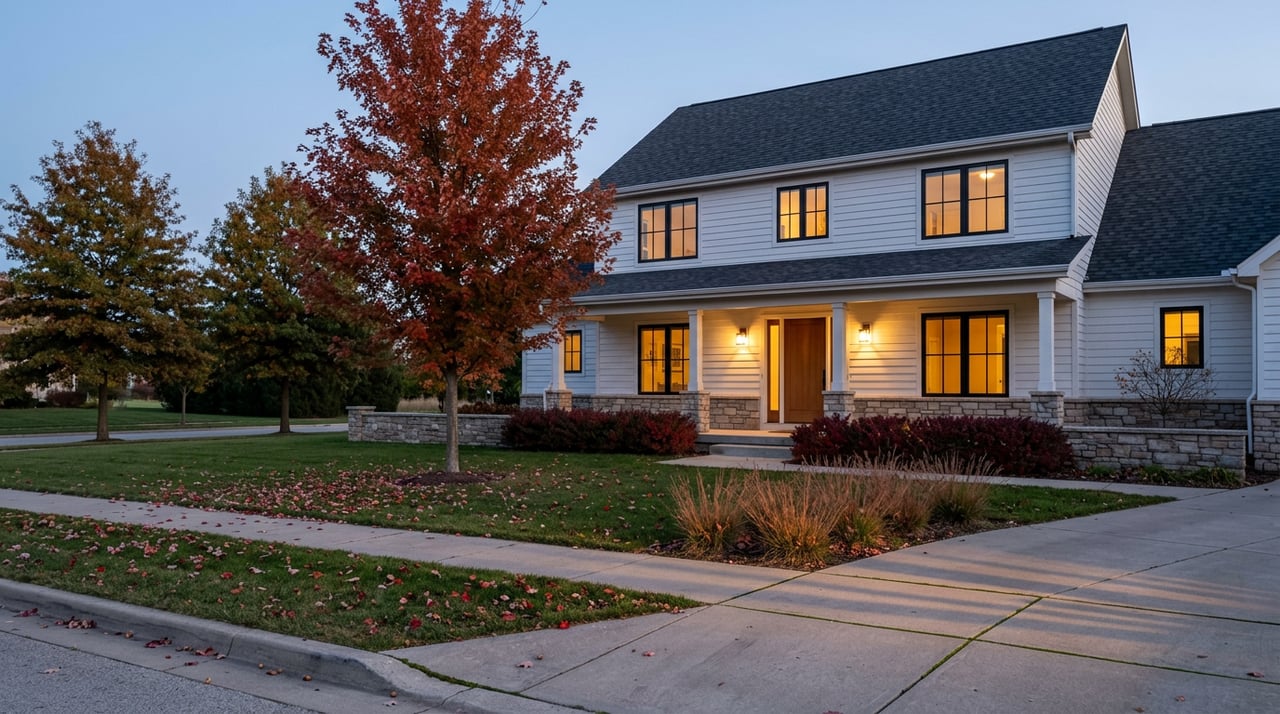 Two-story white-sided home with a stone porch, glowing windows, and a red-orange maple at dusk.